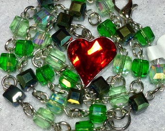 Rhinestone Heart Pendant-Necklace-Choker/Red Crystal Charm & Green Glass Square Cube Beads/Christmas or Valentine Jewelry/Handmade