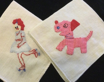 Vtg Child Handkerchief-Hanky/Appliqué Embroidered Linen/Figural Girl & Puppy Dog/Red+White 2 Piece SET/Vintage 1950s