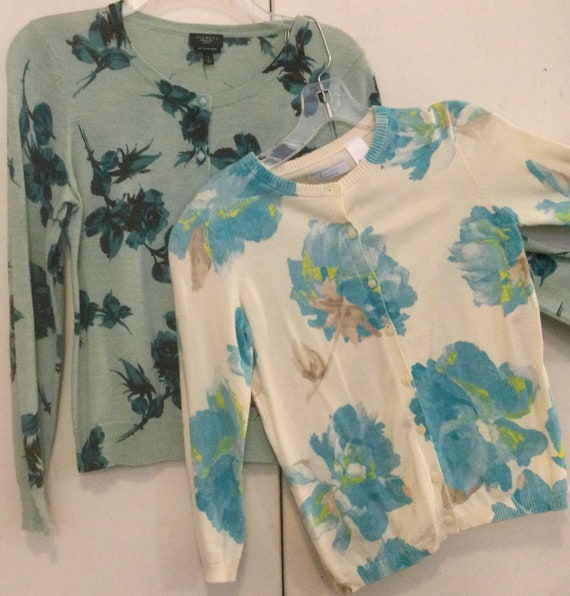 2pc Blue Floral Print Cardigan Sweater 