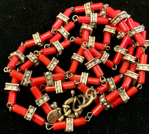 J. Crew Beaded Necklace/Rhinestone/Faux Red Coral… - image 1