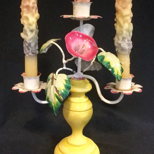 Floral Tole-Toleware Candelabra-Candle Holder-Candlestick/Pastel Painted Flower+Leaf Vine/Metal+Wood/Candle Taper/Lg-Tall 9”Wx11.5”H/Vintage