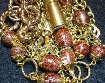 Ammo Charm Necklace Pendant Set/Steampunk Jewelry/Gun Empty Bullet Shell Casing/Beaded Tassel/Chain/Brass/Large 2 Piece Assemblage/Handmade
