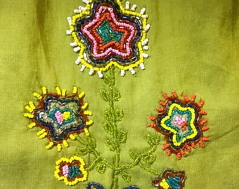 Peasant Skirt/Beaded/Embroidered Flowers/Midi/Green Cotton/“Persaman"/Full/Handmade India/Woman's Size 8 (waist 30”) Vintage