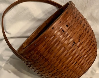 1800s Wicker Splint Basket/W.E. Joy/Ashburnham MA/Oak Wood/Bentwood Swing Handle/Apple Gathering Basket/Signed/Handmade/Vintage Antique