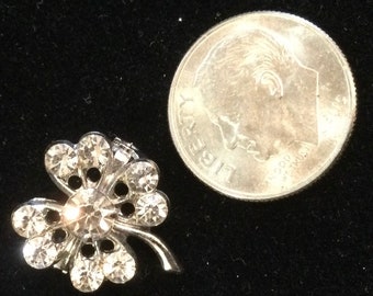 Shamrock Pin-Brooch/4 Leaf Clover/Clear Glass Rhinestone/Silver-Tone/Irish Lucky St Patrick’s Day/Small-Mini-Miniature/Vintage 1950