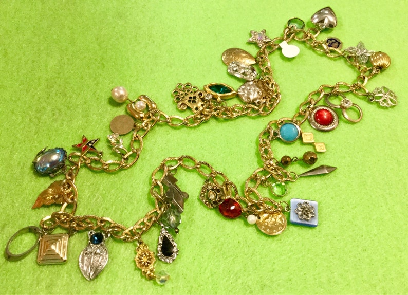 Charm Necklace Multi Charm Long Curb Chain Opera Length Dangle Etsy