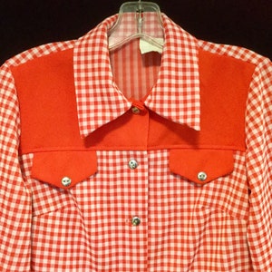 Country Western Blouse-Shirt/Red Buffalo Check Gingham/Polyester/Cowgirl/Square Dance/Button Up/Long-Sleeve/Collar/Woman Size 12/Vintage
