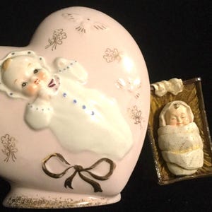 Baby Girl Floral Vase/Pink Heart/Shafford China/Baby Jesus Nativity Manger Creche Replacement/Baby Shower/Vintage 2 Piece SET