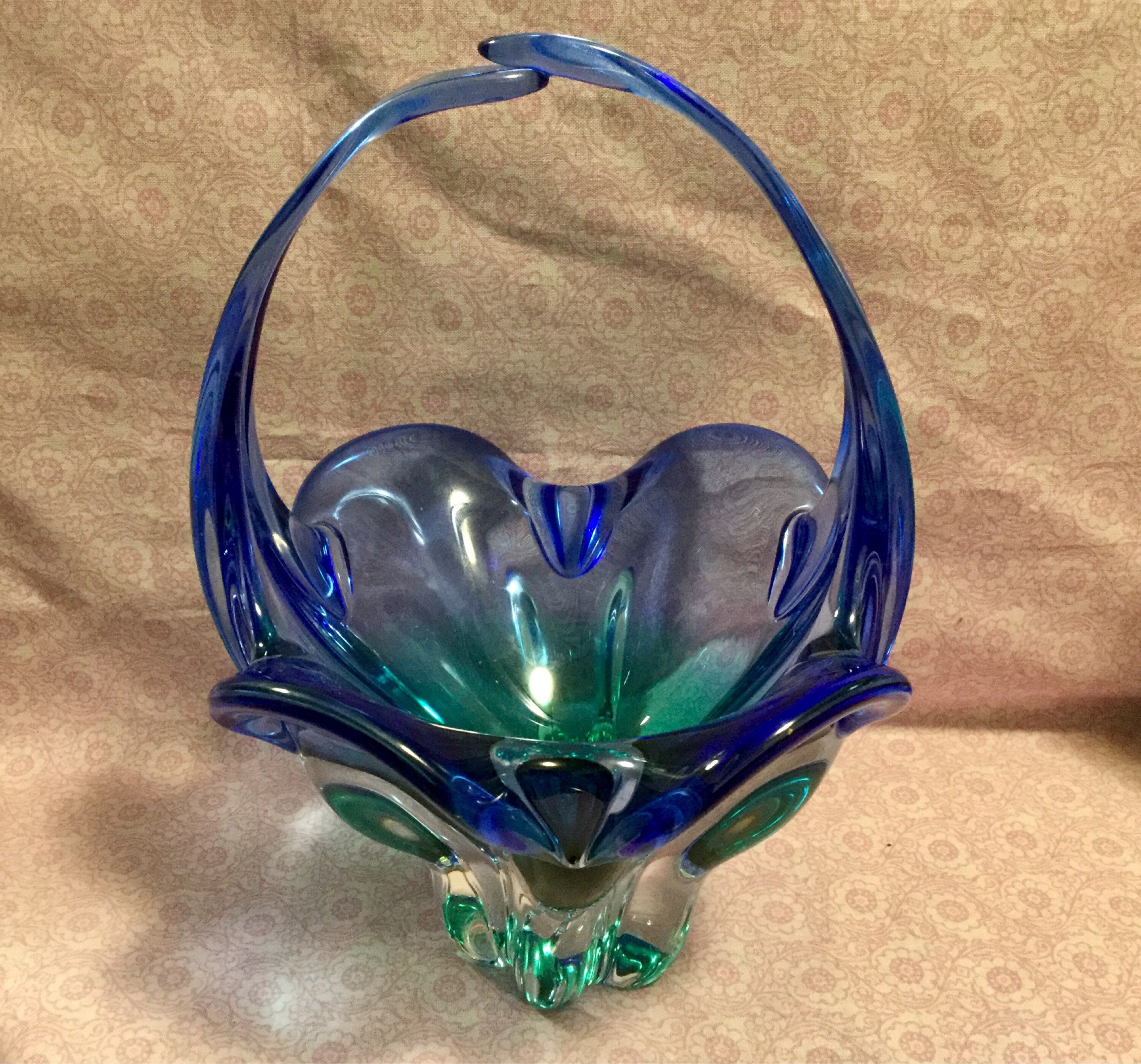 Blown Glass Basket Vase Art Glass Handle Ruffled Rim Etsy