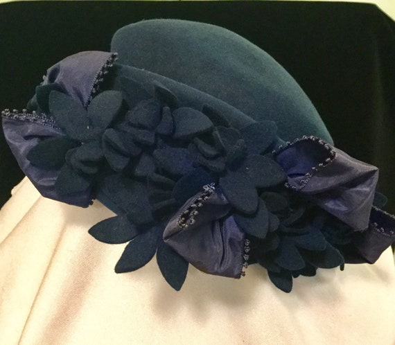 1950s Blue Floral Hat "Diem Original" Woman's Mil… - image 1