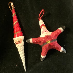 Shell Santa Claus Christmas Ornament/Shell & Starfish/Nautical Seashell Decor/Hand Painted/2 Piece SET/Handmade/Vintage 2002