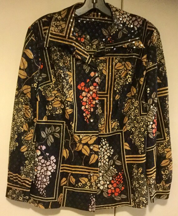 1970 Black Floral Blouse-Shirt/Asian Flower Metal… - image 4