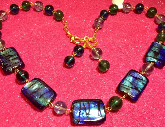 Beaded Necklace Choker Set/Murano?/Venetian?/Blue Metallic Foil Art Glass/Square Geometric/Chunky 2 Piece/Handmade