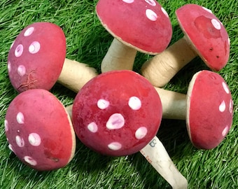 Mushroom Floral Pick Set/Red Toadstool/Spun Cotton Wire Stem/Germany/Fairy Garden/Handmade Craft Supply/Christmas/6pc/Vintage