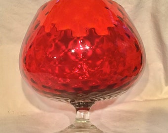 70s Red Empoli Art Glass Brandy Snifter-Compote-Vase-Goblet/Italy/Diamond Optic/Large-Jumbo/Blown Glass/Christmas/Valentine’s/Vintage 1970s
