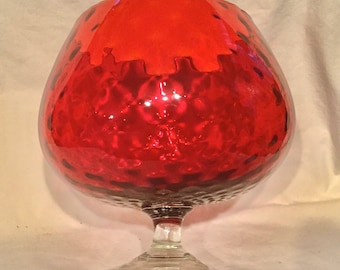 Brandy Snifter Compote Vase Goblet/Empoli Italy Red Blown Glass/Diamond Optic/Large-Jumbo/Christmas-Valentine’s Decor/Vintage 1970s