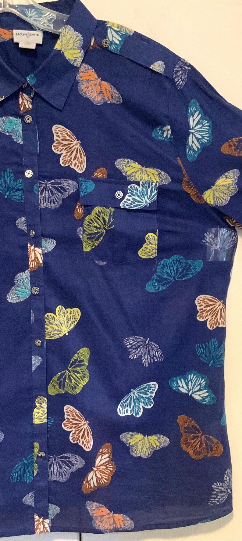 Blouse-Shirt-Top/Blue Butterfly Print/Button Up/“Jacklyn Smith”/Cotton/Collar/Long Sleeve/Woman’s XXL (chest 46”) Vintage 1970s image 4
