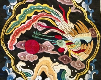 Chinese Embroidery Wall Hanging Panel/Asian Silk Textile/Oriental Phoenix Peacock Paradise Bird/Metallic Gold Brocade/NWOT/Lg 13x18”/Vintage