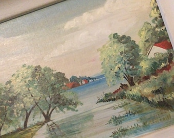 1950s Nautical Painting/Original Oil/Coastal Seaside Landscape Scenery/Canvas Board/Framed/Small 11.75x14.75/Vintage