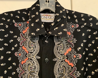 Black Paisley Blouse-Shirt/Button-Up/Long Sleeve/Panel Print/Rayon/Woman’s Size Small (chest 41”) Vintage 1980s