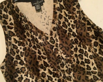 Leopard Sweater Vest “Carole Little Sport” Animal Print Faux Fur/Black+Brown/Woman’s Size Large (chest 42”) Vintage 1990s