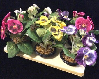 Silk Flowers Set/Artificial Flowers/Faux Pansy/Tabletop/Purple-White-Yellow/Small-Miniature 5”/Cottagecore/6 Piece/Vintage 1990s