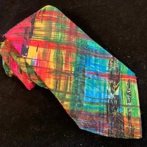 Plaid Tie-Necktie/Toothpix/Polyester/Geometric Abstract Print/Pink+Blue+Green+Yellow+Black/Mens Skinny-Long 3.5”x60”/Vintage 1980