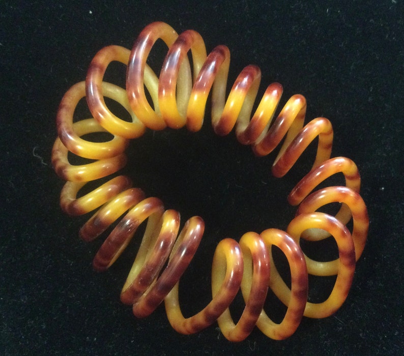 Bakelite-Style Spiral Coil Bangle Bracelet Stretch Spring Acrylic BrownButterscotch Tortoise Print Large Wide Size Small Vintage