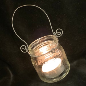 Tea-Light Candle Holders/Hanging Clear Glass Jars with Metal-Wirework Handle/Upcycled/Garden or Wedding Decor/Small 11 Piece SET/Handmade
