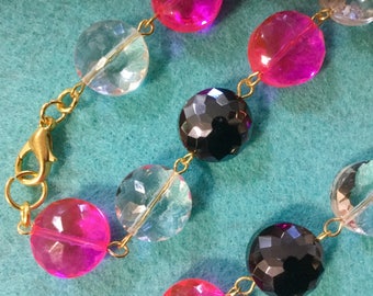 Crystal Bead Necklace/Neon Fluorescent/Pink+Black+Clear Faceted Glass Beads/Opera Length 31”L/Large/Handmade