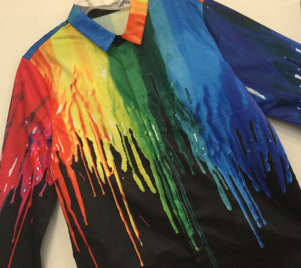 Paint Drip Print Shirt Rainbow Multicolor Spatter Paint Black Etsy