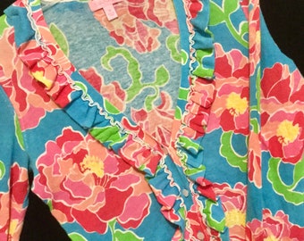 Lilly Pulitzer Knit Sweater/Cardigan/Pink Floral Print/Cottagecore/Peony Flower/Ruffle/Aqua-Blue/Easter-Spring-Summer/Woman XS/Vintage
