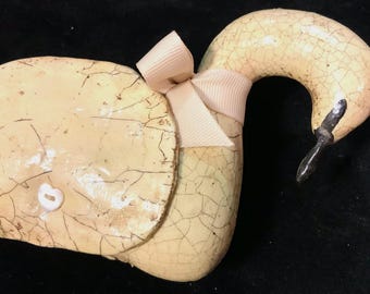 Christmas Decor Swan Bird Stuffed Animal Figurine Knack Knack/Hand Sewn Canvas/Wedding/Small 4x7.5”/Handmade/Vintage
