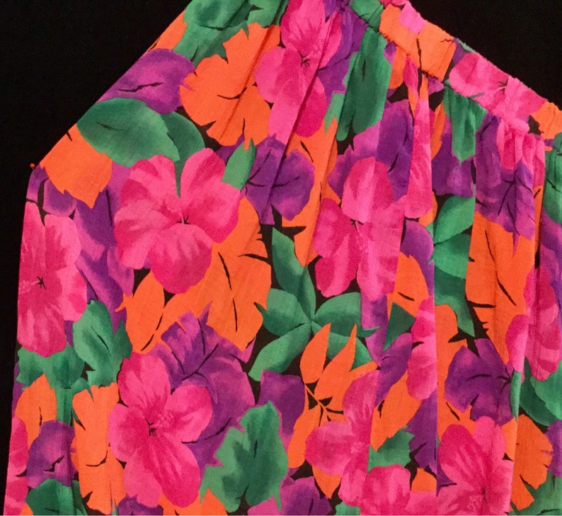 Vintage Pink Floral Maxi Skirt/Hawaiian Print/Fluorescent Neon Hibiscus Flowers/Cotton Gauze Fabric/Elastic-Waist/Woman's Size XL/Vintage image 1