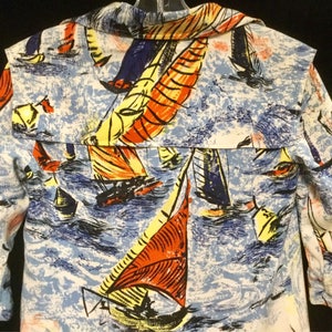 Nautical Blouse-Shirt-Blazer-Shacket/Blue Sailboat Print/Yacht Club/Regatta/Sailor/Linen/Summer/Woman’s (chest 34”) Vintage 1970s