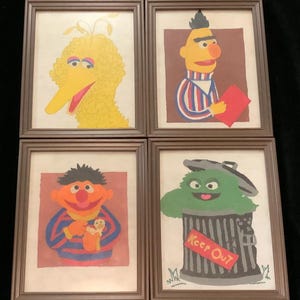 Vintage Muppet Painting Set/Original/Big Bird-Bert-Ernie-Oscar the Grouch Sesame Street Characters/Framed Child Wall Art/Small 7x9”