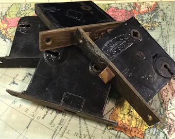 Mortise Door Locks Hardware Set/Sargent/Architectural Salvage Locksmith Replacement Part/Die Cast Metal & Brass/4 Piece/Vintage Antique 1800
