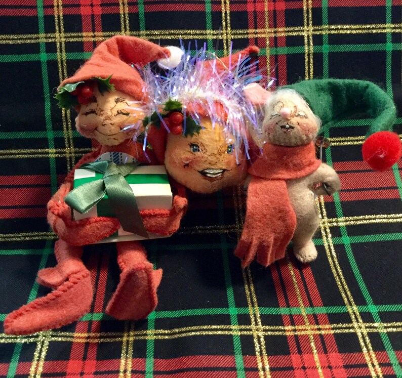 Annalee Doll Christmas Ornament 1994-96-97 Elf Head Skier Bunny Rabbit Present Vintage 3 Piece SET