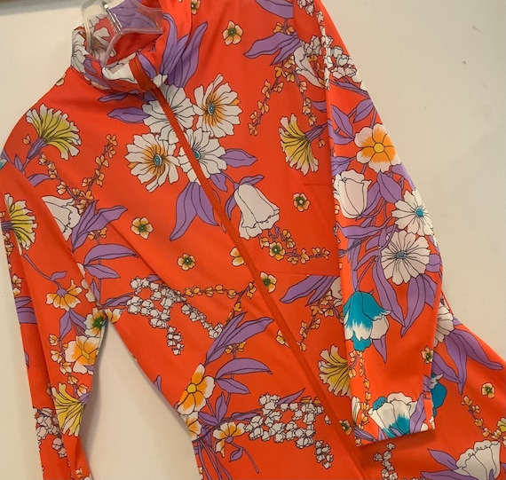 1960s Lucie Ann Silky Rayon Bright Orange Scarf Print Caftan Hostess Dress