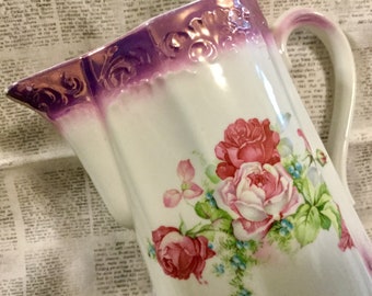 Pink Floral Water Pitcher-Vase/Luster-Lusterware Porcelain China/Rose Flower Transfer-Ware/Embossed/Germany? Victorian/Large 7”H/Vintage