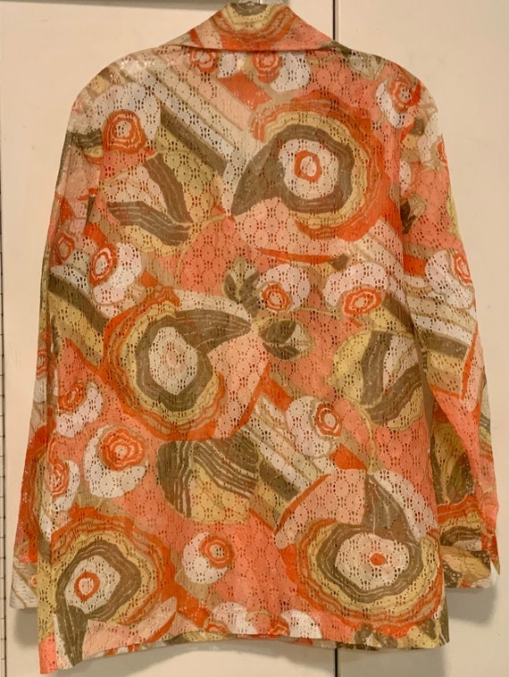 70s Eyelet Blouse-Shirt-Top/Orange Floral Abstrac… - image 5