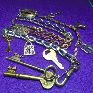 Key Necklace/Steampunk/Multi Charm/Skeleton Key/Padlock/Tassel/Chain/Brass+Copper+Metal+Steel/Biker/Large-Long/Handmade