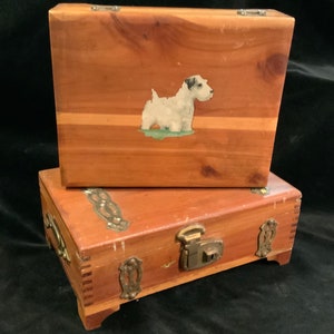 50s Wood Cigar Box-Trinket Box-Jewelry Box-Keepsake Box/Humidor/Cedar/Brass-Hardware/Hinged Lid/Dovetail/2pc SET/Small 9.5”/Vtg 1950s