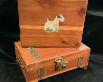 Wood Cigar Box-Trinket Box-Jewelry Box-Keepsake Box/Wooden Humidor/Cedar/Brass-Hardware/Hinged Lid/Dovetail/2pc SET/Small 9.5”/Vtg 1950s