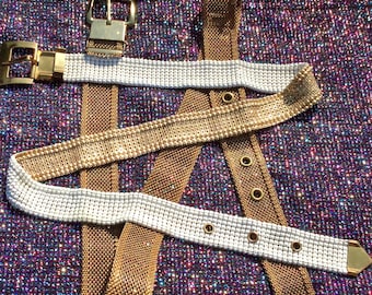 Whiting & Davis Belt Set/Gold Omega Belt/Wire Mesh Woven Metal/Woman's Small/2 Piece/Vintage 1950 + 1980s