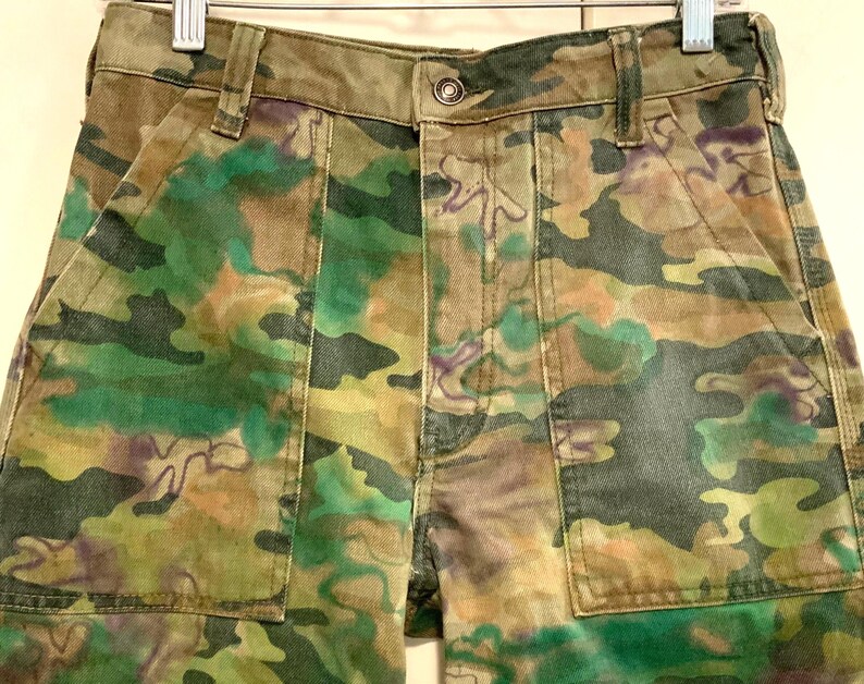 Camouflage Jeans-Pants-Slacks/Hand-Painted Tie Dye/Free People/We The Free/Green Camo/Relaxed Fit/Straight Leg/Women/Waist 27”/Handmade image 1
