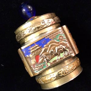 Chinese Brass Tea Caddy/Spice Caddy/Enamel/Lid w/ Glass Knob/The Great Wall+Fish+Flowers+Camels+Pagoda/Vintage Antique 1910s