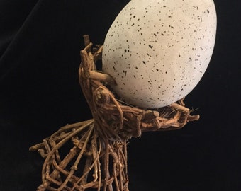 Easter Egg & Display Stand/Twig Grapevine/Ceramic Egg + Paper-Mache Faux Ostrich Egg/Large-Jumbo 3 Piece Set/Handmade/Vintage 1990