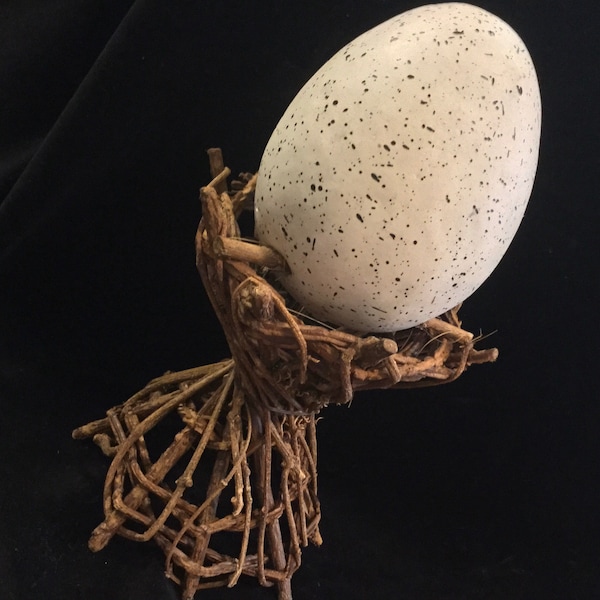 Easter Egg & Display Stand/Twig Grapevine/Ceramic Egg + Paper-Mache Faux Ostrich Egg/Large-Jumbo 3 Piece Set/Handmade/Vintage 1990