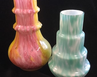 Blown Glass Vase-Bud Vase Set/Murano?/Spatter End of Day/Cased/Pink+Yellow+Green/2 Piece/Vintage